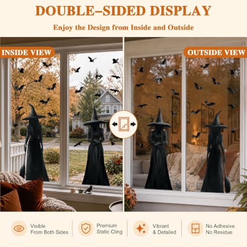 Halloween Window Clings - 3pcs Dark Witch & Bat Decor