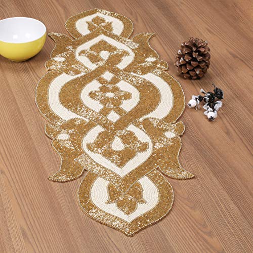 Lightnpro Hand Beaded Table Runner 13x36 Infinity Gold Ivory | Handmade Satin Backing
