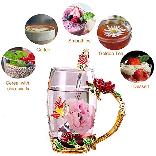 DasyFly Rose Red Enamel Butterfly Flower Tea Mug - Elegant Gift for Women