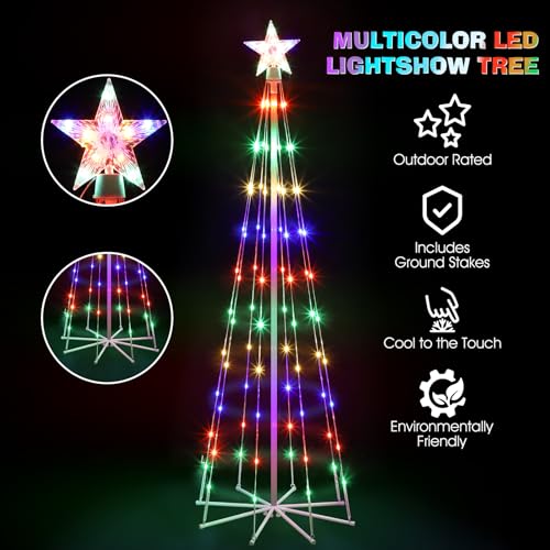 PINPON 3 Pack 3FT 4FT 5FT Outdoor Multicolor Cone Christmas Tree Lights with 8 Modes