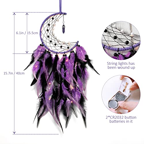 Handmade Purple Moon Dream Catcher with Fairy Lights Wall Hanging Decor