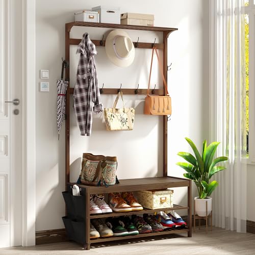 Bamboo Hall Tree with Shoe Storage Bench and 14 Coat Hooks, Large Size