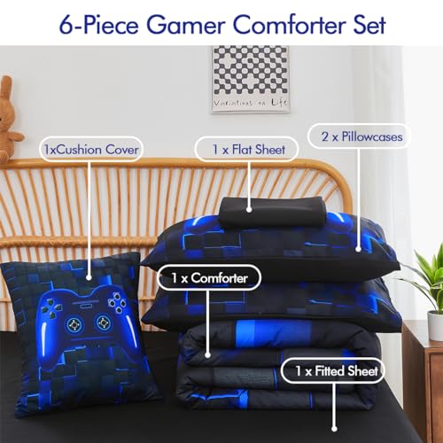 6-Piece Gamer Comforter Set Full Size - 3D Video Game Bedding for Boys