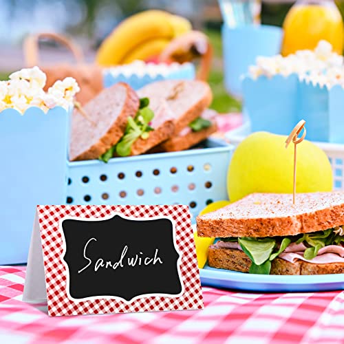24 Pcs Red Gingham Food Tent Cards - Writable 6x4 Inch Buffet Labels