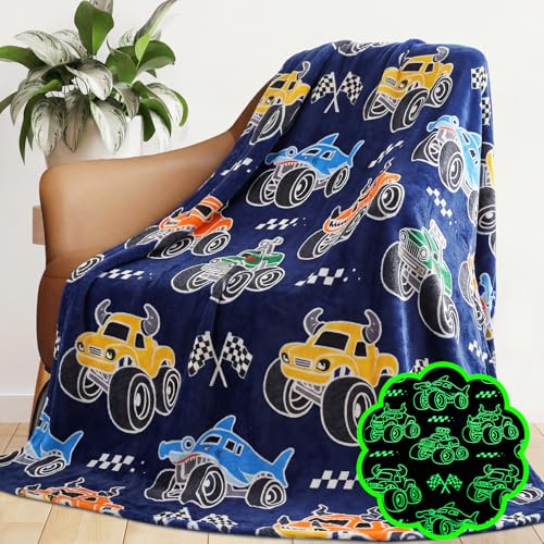 Glow in the Dark Truck Blanket for Kids, Soft Fleece Throw 40x60 Inches