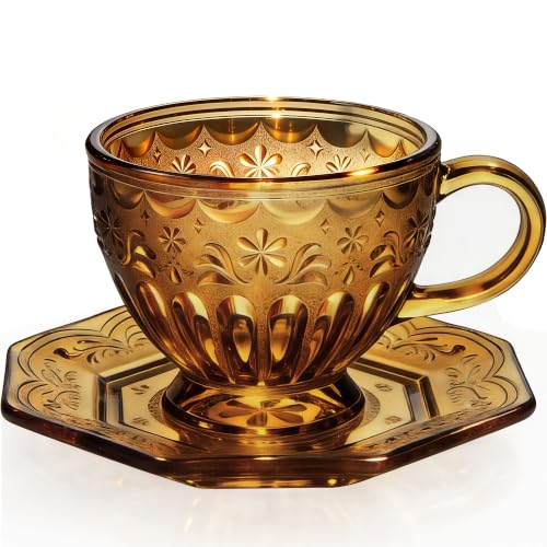 Golden Amber Vintage Glass Tea Cup & Saucer Set 12oz Octagonal Design – Elegant Coffee & Tea Mug