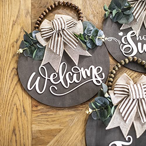 12-Inch Round Wooden Welcome Sign for Front Door - Farmhouse Porch Decor