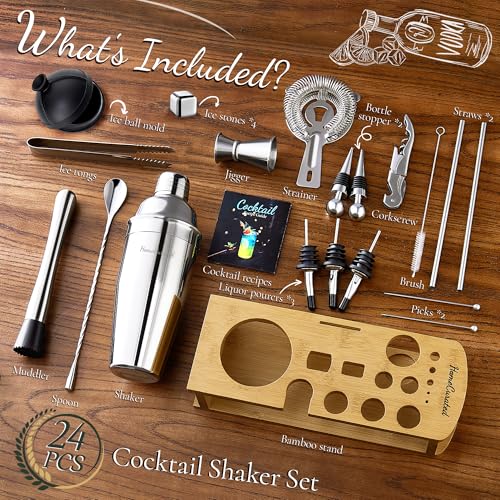 HomeCurated 24-Piece Cocktail Shaker Set with Stand & Accessories — Professional Bartender Kit for Home Bar, Silver