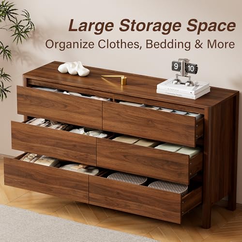 55-Inch 6-Drawer Mid-Century Modern Wood Dresser, Walnut Bedroom Chest