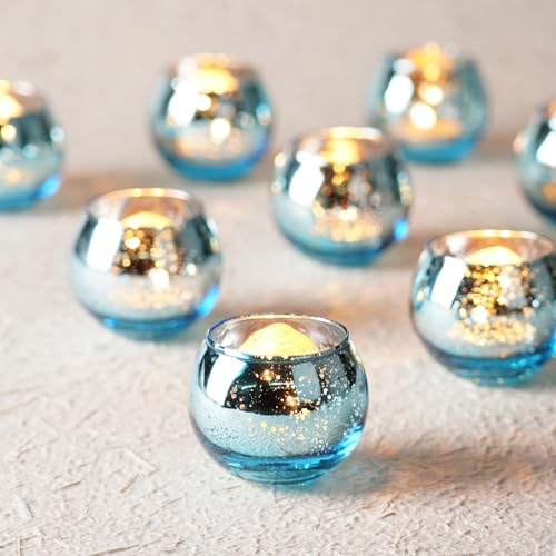 Homemory 24 Pack Blue Mercury Glass Votive Candle Holders – Round Tealight Holders for Weddings, Holidays & Home Decor (Blue, 2" x 2")