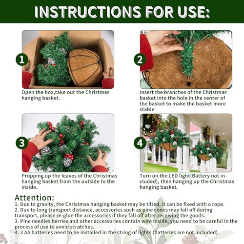 Ciaell 22inch Artificial Christmas Hanging Basket - Green Flocked Xmas Decor with Battery LEDs & Pine Cones