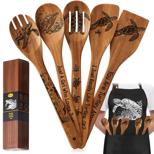 Remerry Sea Turtle Kitchen Gift Set with Acacia Wood Utensils & Apron, Christmas & Mother's Day Gift