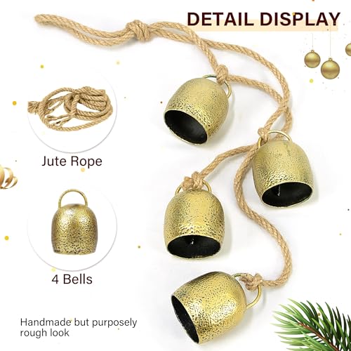 Rustic Hanging Bell Wind Chime, 4-Bell Wrought Iron Brass Finish Decor