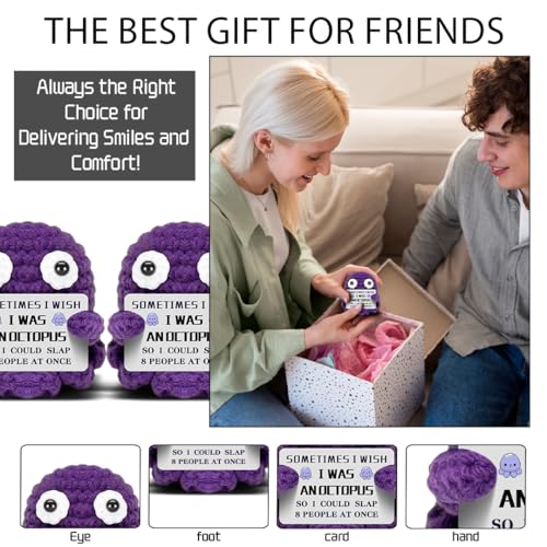 Mini Crochet Octopus Desk Decor with Motivational Card, Purple Gift