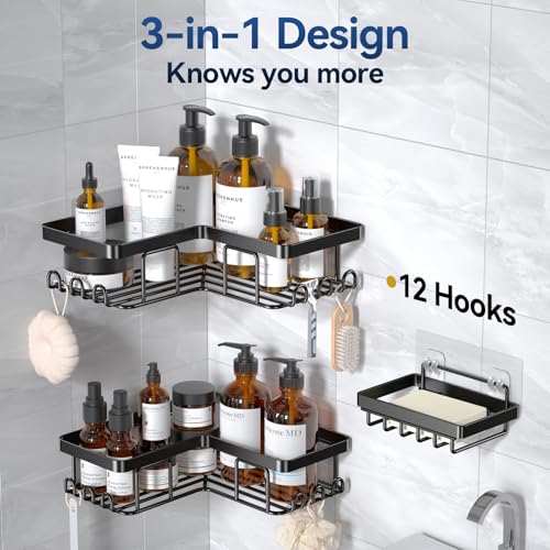 YASONIC Corner Adhesive Shower Caddy Rustproof Stainless Steel 3-Pack