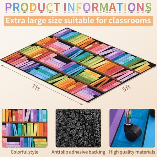 Bookshelf Themed Classroom Reading Rug 7x5 ft, Anti-Skid Library Carpet
