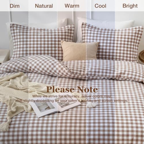 Brown Gingham Duvet Cover Set Queen Size - Soft Microfiber Bedding