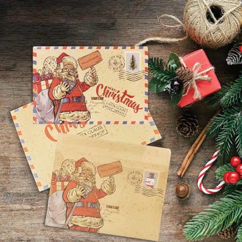 Vintage Santa Claus Greeting Cards Set with Kraft Envelopes - 5 Pack, 6x4" Christmas Postcards with Variation Santa Claus With Bags