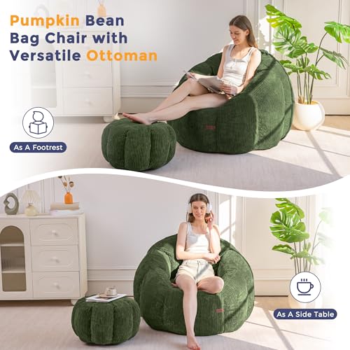 Oversized Bean Bag Chair with Ottoman, Pumpkin Lounge Chair in Green