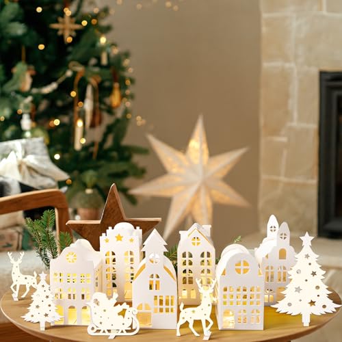 13Pcs Lighted White Christmas Village Houses Set with Trees & Reindeer