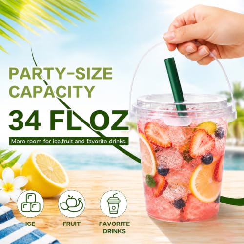 34oz Clear Plastic Drink Buckets with Lids, Handles & Straws — 30 Pack