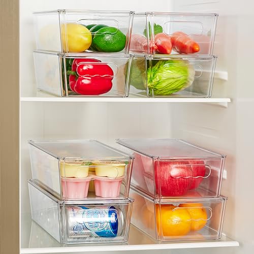Vtopmart 4pcs Clear Organizers and Storage Bins with Lids, Stackable Plastic Storage Containers with Handles for Fridge, Freezer, Pantry, Cabinet, Kitchen Organization
