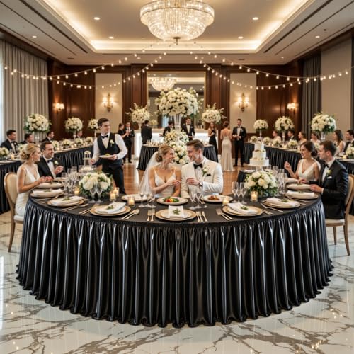 6ft Black Satin Table Skirt, Wrinkle-Free Pleated Spandex for Party Decor
