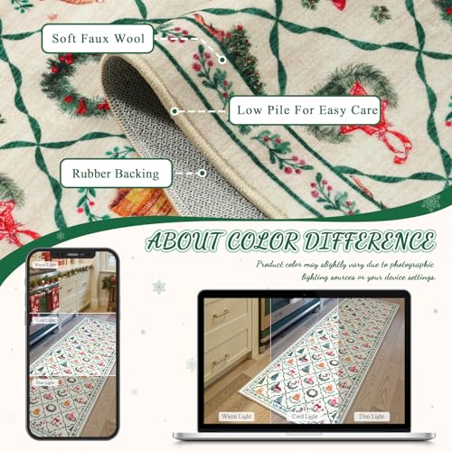 LIVEBOX 5x7 Beige Green Christmas Rug - Holiday Wreath Tree Farmhouse Decor