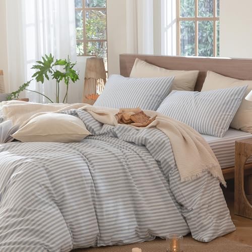 100% Washed Cotton Striped Duvet Cover Set - Queen Soft Linen Texture Bedding