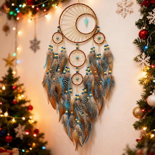 Large Boho Dream Catcher Wall Hanging with Turquoise and Feathers