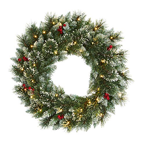 Nearly Natural 24in Pre-Lit Frosted Swiss Pine Christmas Wreath