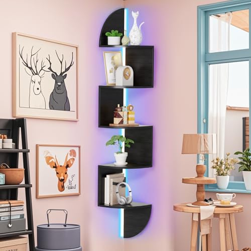5-Tier Corner Wall Shelf with App-Controlled LED Lighting, Black