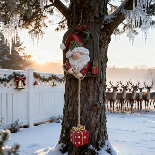 AmoroHui Hand-Painted Red White Christmas Garden Gnome Hanging Ornament - Holiday Door Decor with Gift Box Pendant | Christmas Tree Hanging Gnomes