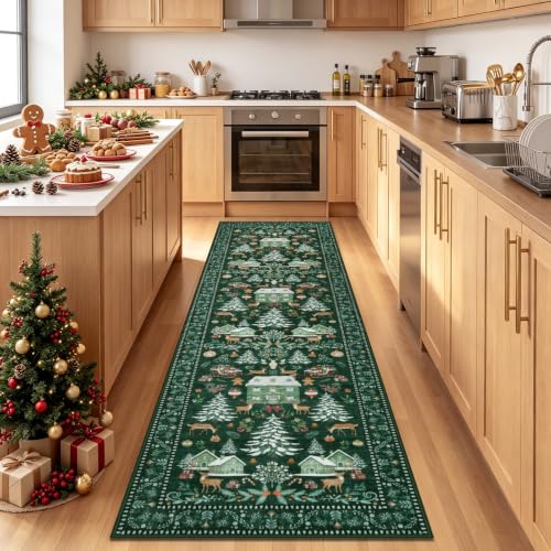 famibay Green 2' x 8' Christmas Runner Rug Non-Slip Washable Kitchen Decor