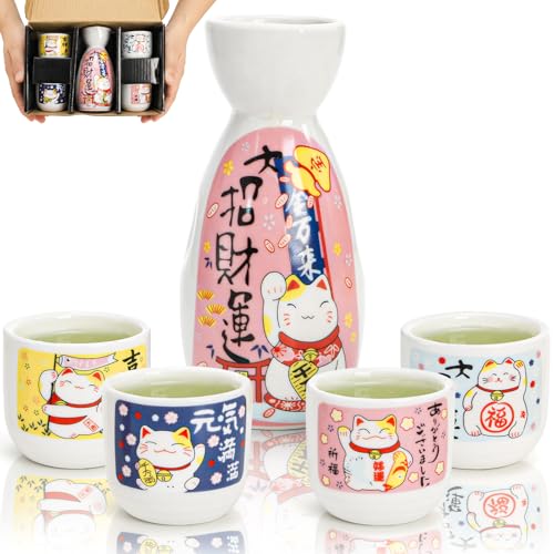 Goaste Ceramic Japanese Sake Set with 4 Cups & 1 Bottle - Maneki Neko Fortune Cat Pattern