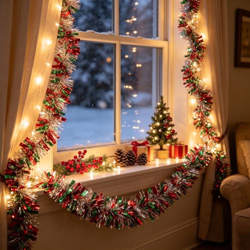 Red Green Silver Tinsel Garland 33Ft Christmas Decor Streamer - Holiday Party Decorations