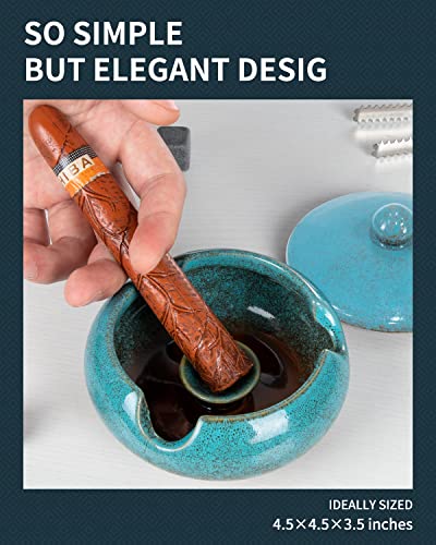 Ceramic Windproof Ashtray with Lid - Blue 4.5-inch Outdoor Cigar Ash Tray