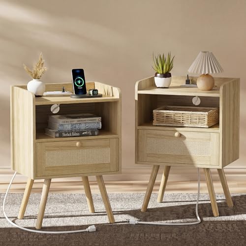 Rattan Nightstands with Charging Station, Set of 2, Boho Bedside Tables