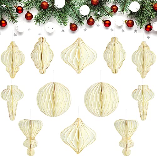 Nezyo 12 Pcs Christmas Hanging Honeycomb Balls 3D Paper Christmas Tree Ornaments Decorative Lantern Honeycomb Decorations for Holiday Winter Xmas Party Wonderland (White)