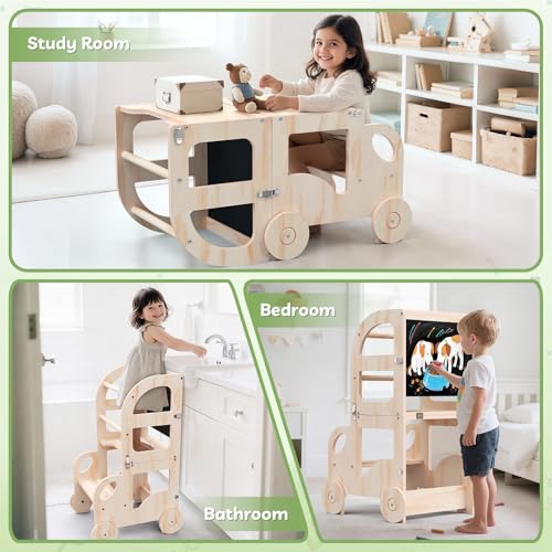 Convertible Toddler Kitchen Step Stool and Table Set with Blackboard