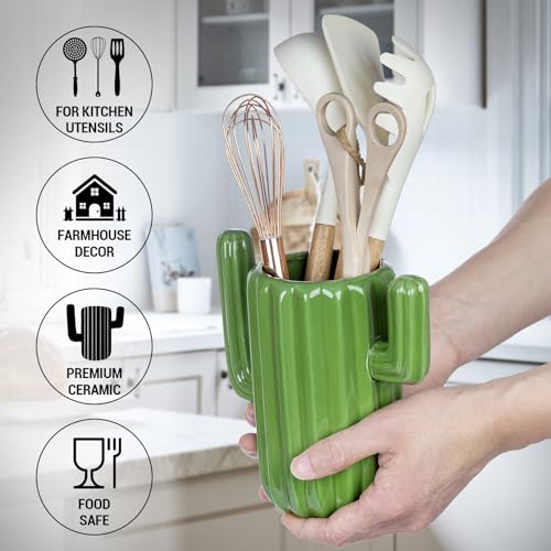 Vibrant Green Ceramic Cactus Utensil Holder - Southwestern Kitchen Organizer