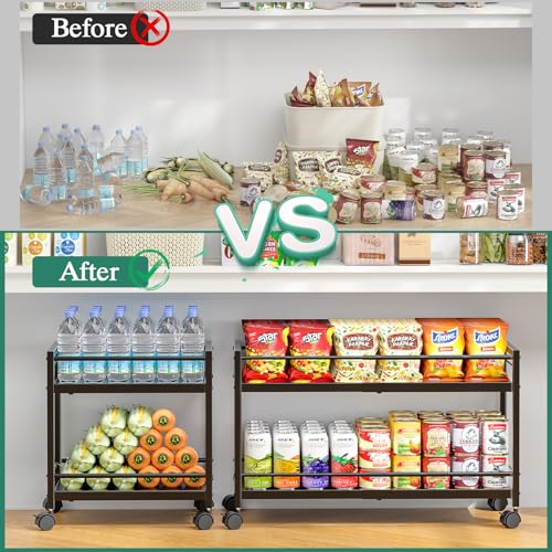 2-Tier Expandable Rolling Pantry Cart with Wheels - Adjustable Storage Cart