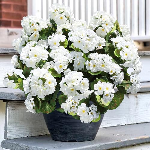 Artificial White Silk Geranium Flowers - UV Resistant Faux Plants (6 Bundles)