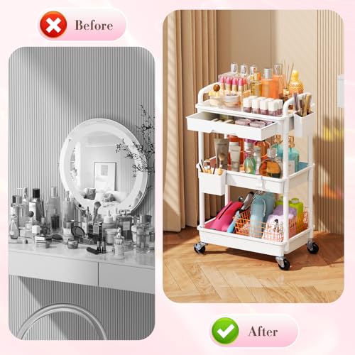 White 3-Tier Makeup Cart Organizer with Drawer - Rolling Vanity Storage