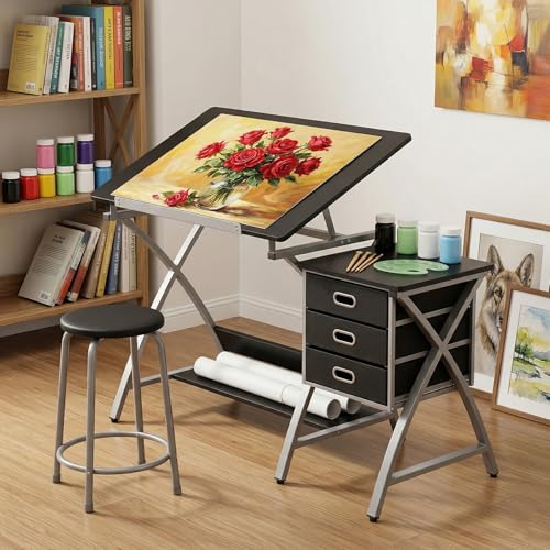 Adjustable Drafting Table with Stool and 3 Drawers for Artists