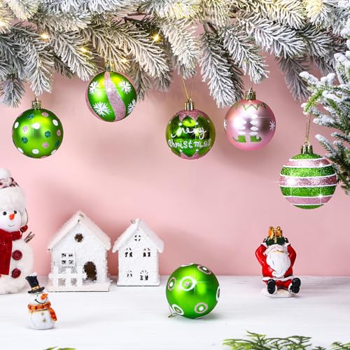 Knitgrip 24 Pink Green Christmas Ball Ornaments - 2 Inch Plastic Tree Decor Set