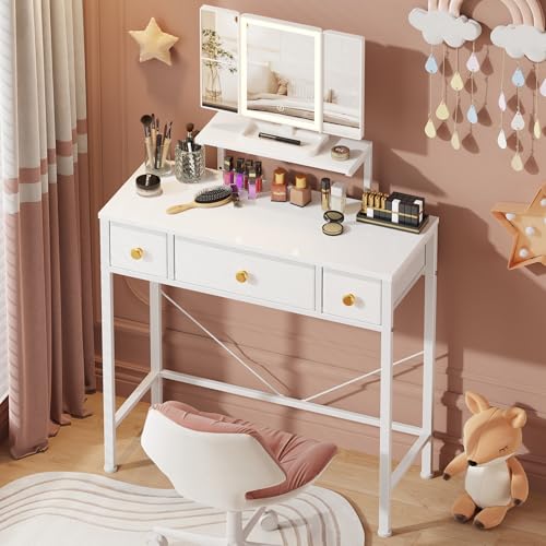 Small Makeup Vanity Desk with Lighted Tri-Fold Mirror and 3 Drawers
