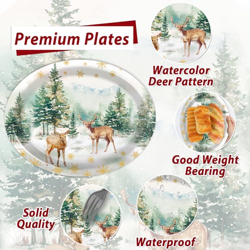 Christmas Reindeer Oval Paper Plates 11in - 50ct Watercolor Trees & Snowflakes