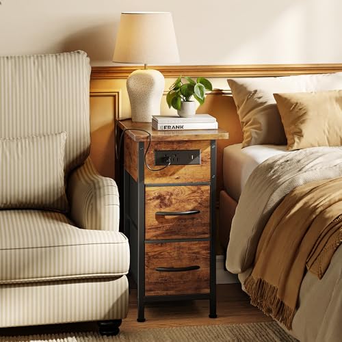 Narrow End Table with Charging Station, 2 Drawers & Flip-Top Storage