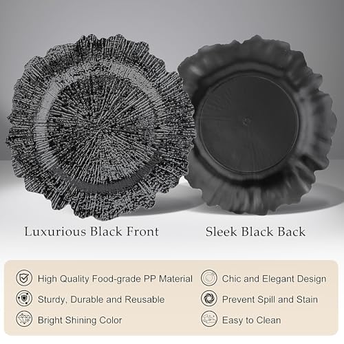 20PCS Black 13-inch Reusable Plastic Charger Plates for Dining & Events
